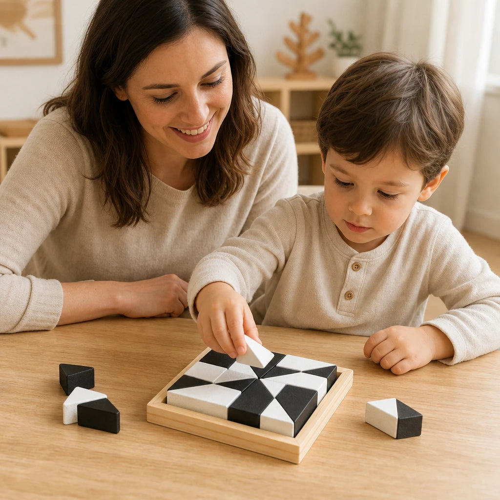 Child playing with the Geometric Shape Puzzle Montessori Wooden Blocks