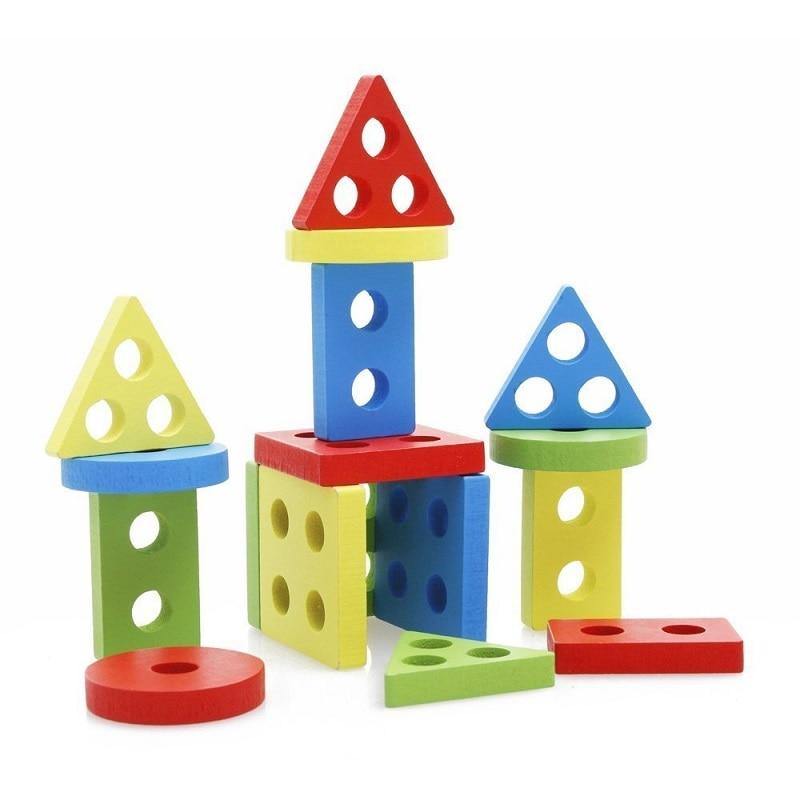 Coloured geometric blocks built into a small tower and castle