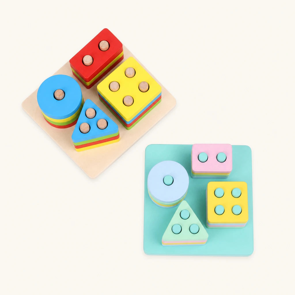 Geometric Stacking Toy with 4 Shapes shown complete on a plain background