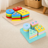 Geometric Stacking Toy with 4 Shapes set out on a real table at home