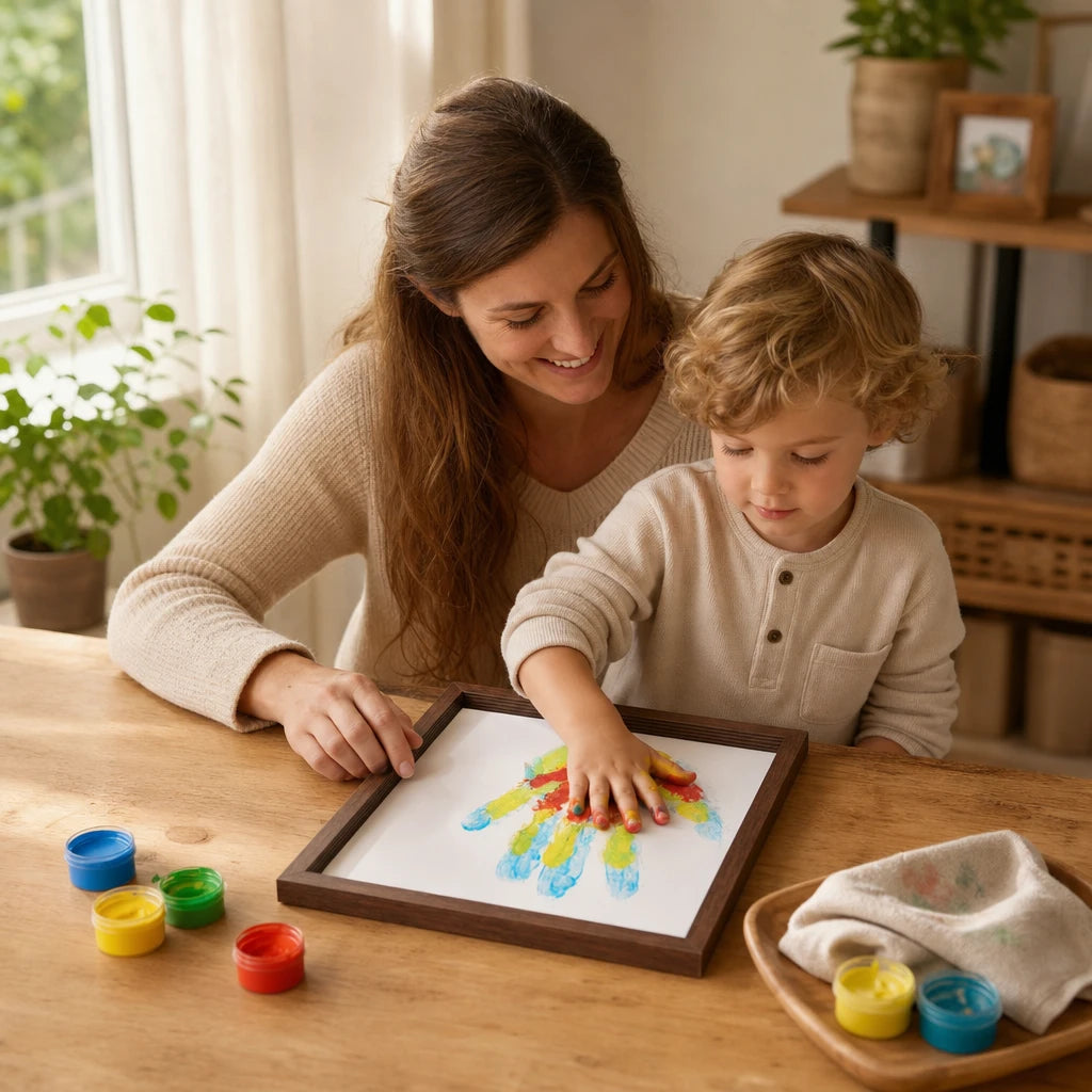 Child playing with the Handprint Frame Kit - Family Memory Art Set