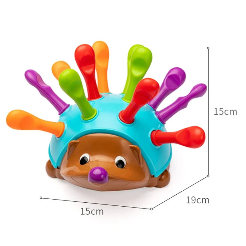 Hedgehog peg toy with colourful pegs and stated dimensions