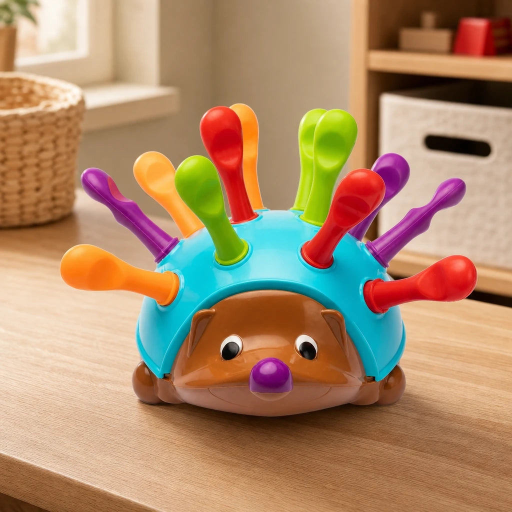 Hedgehog Peg Toy - Montessori Fine Motor set out on a real table at home