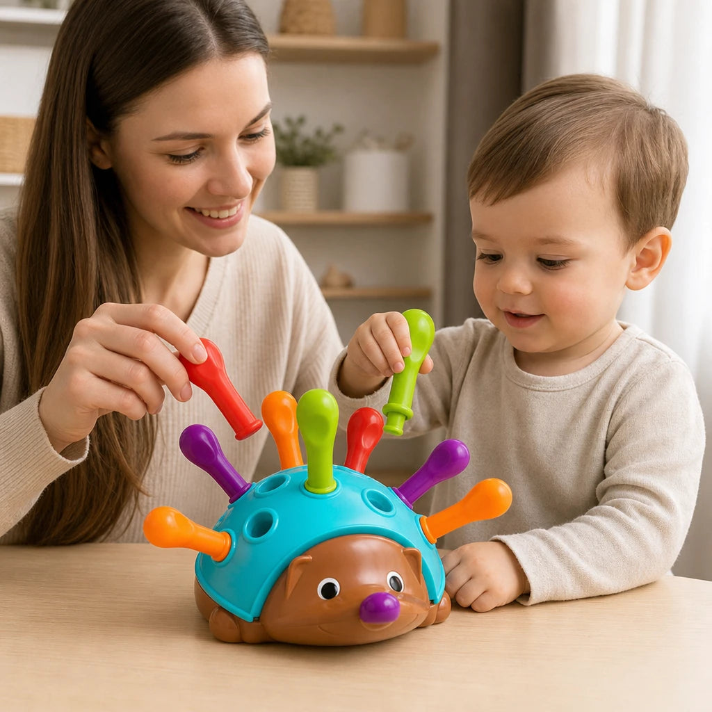 Child playing with the Hedgehog Peg Toy - Montessori Fine Motor