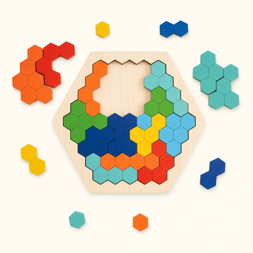Hexagon Puzzle Wooden Montessori Learning Toy shown complete on a plain background