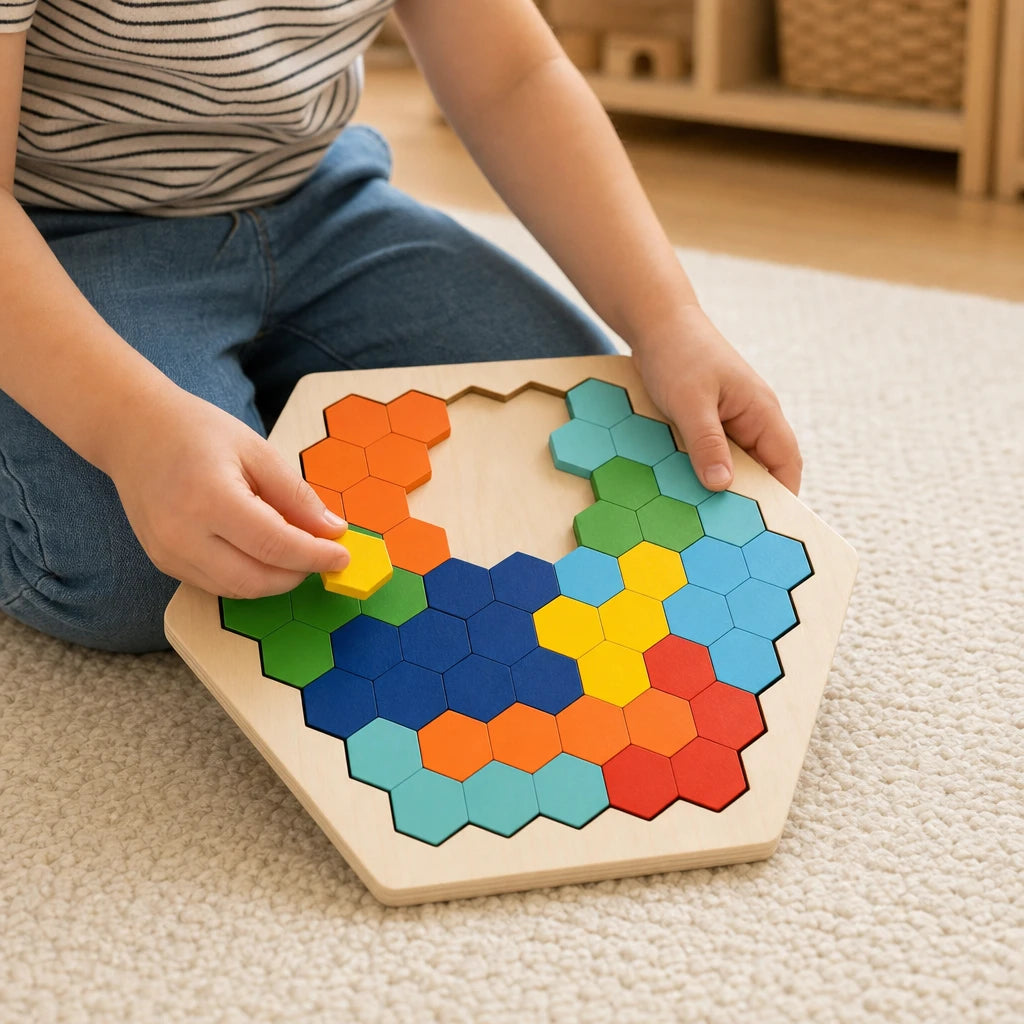Close-up of a child's hands using the Hexagon Puzzle Wooden Montessori Learning Toy