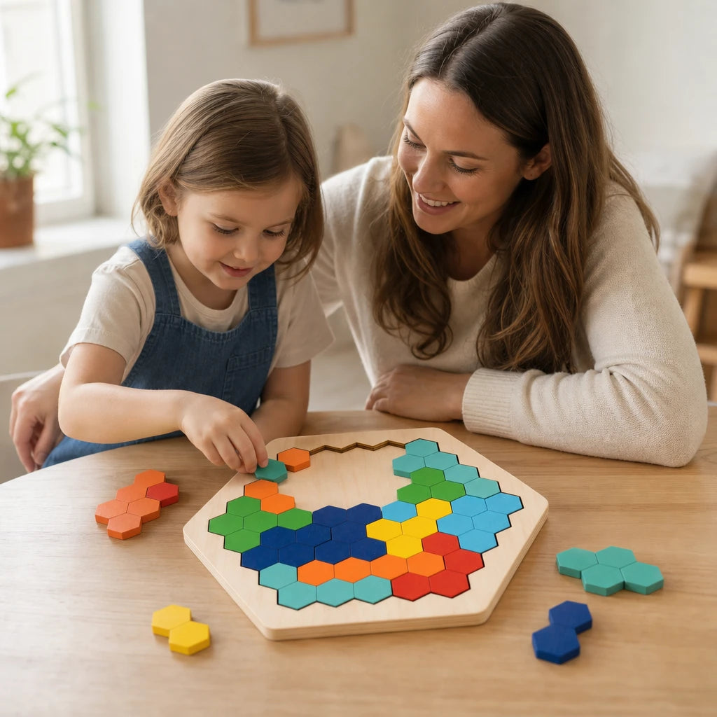 Child playing with the Hexagon Puzzle Wooden Montessori Learning Toy