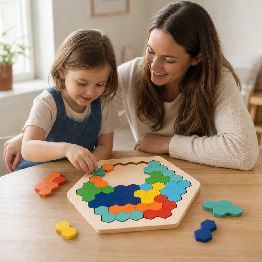 Child playing with the Hexagon Puzzle Wooden Montessori Learning Toy