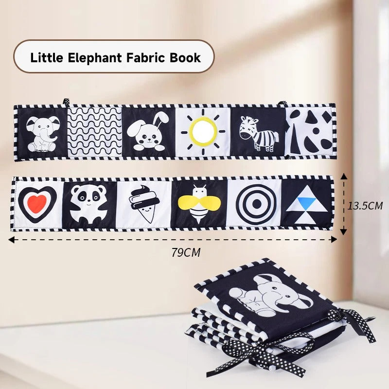 Little Elephant fabric book showing its high-contrast panel layout