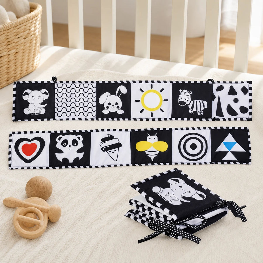 High Contrast Baby Book Black & White set out on a real table at home