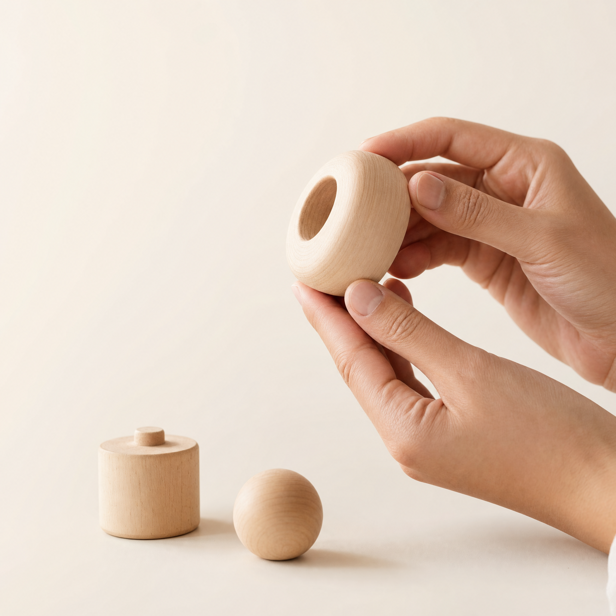 Adult hands examining the grain and finish of a plain wooden toy ring, two other wooden pieces resting nearby Image