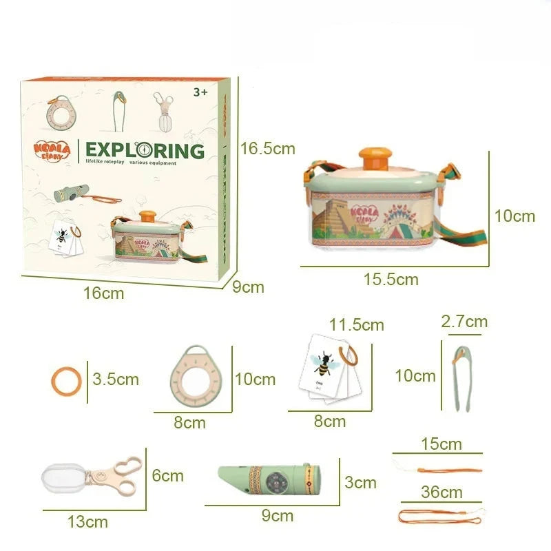Insect explorer kit contents with box and dimensions for each tool