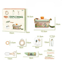 Insect explorer kit contents with box and dimensions for each tool