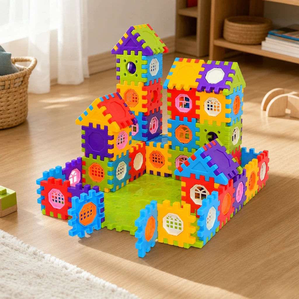 Interlocking Building Blocks - 150 Piece Set set out on a real table at home