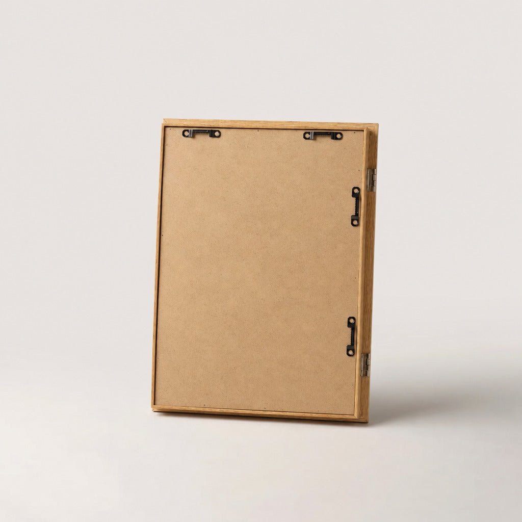 Rear view of the kids art frame showing the hinged back panel