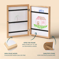 Diagram showing the frame opening to store up to 100 A4 drawings