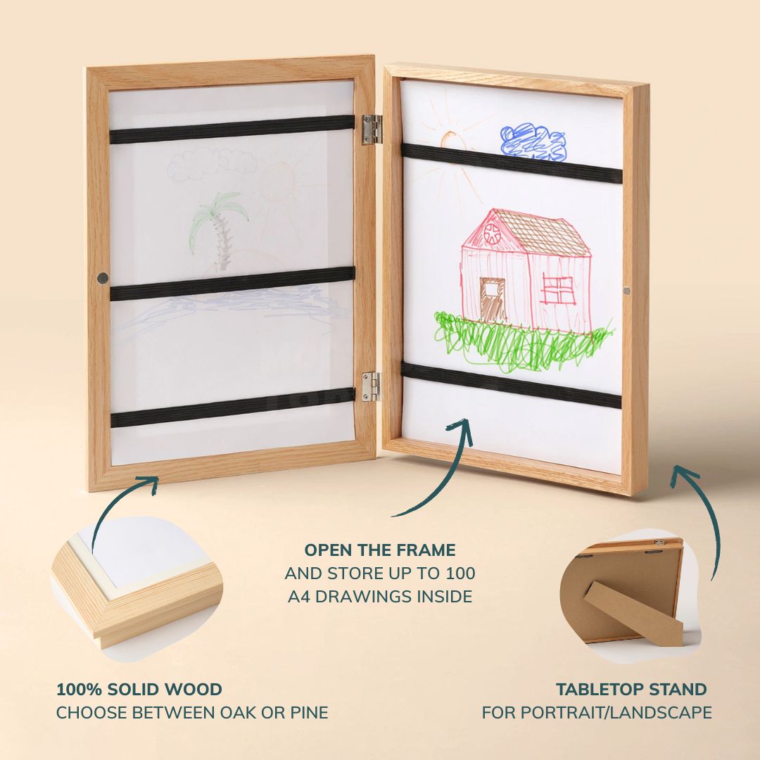 Diagram showing the frame opening to store up to 100 A4 drawings
