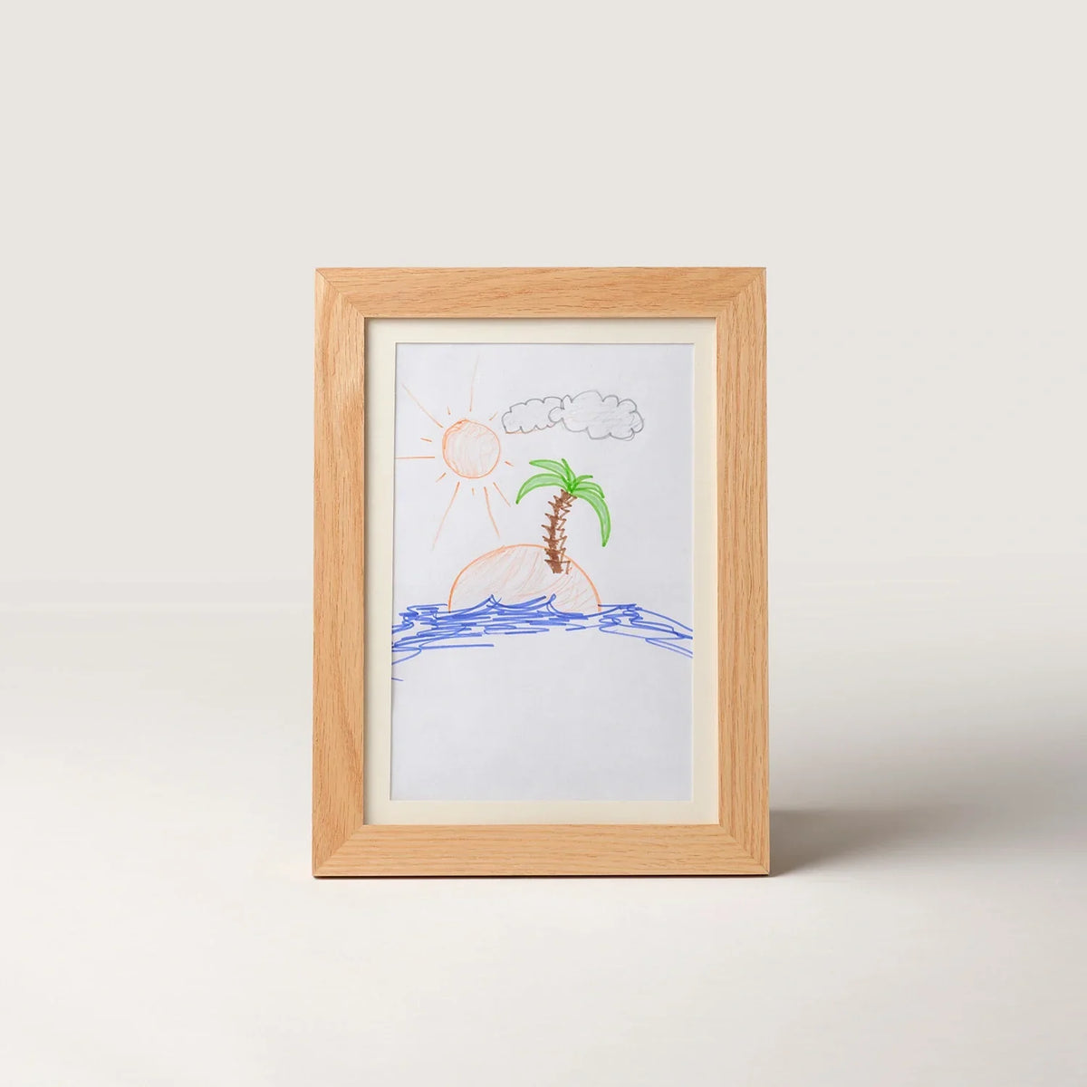 Oak kids art frame in portrait format with a child's drawing