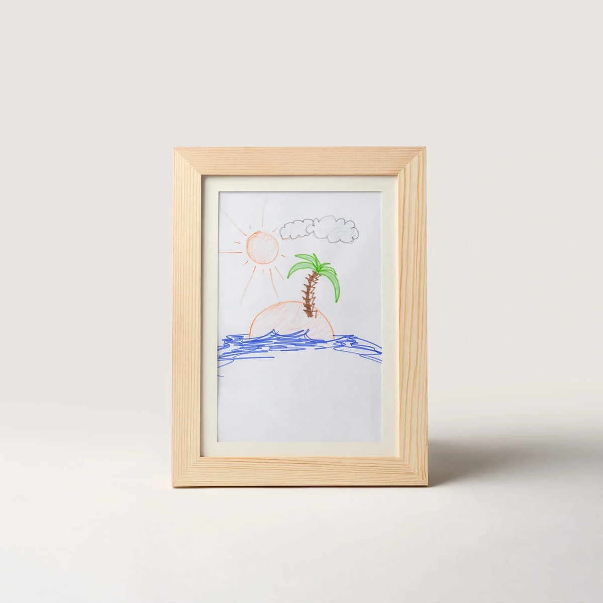 Pine kids art frame in portrait format with a child's drawing