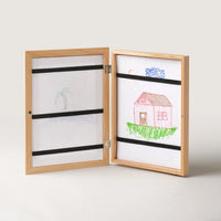 Oak art frame opened flat showing the drawing storage straps