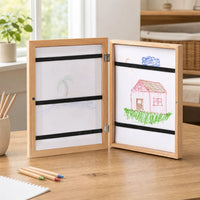 Kids Art Frame Wooden Storage Portfolio set out on a real table at home