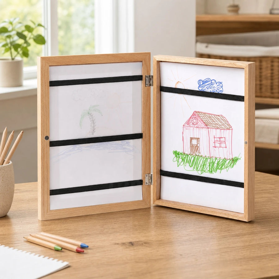 Kids Art Frame Wooden Storage Portfolio set out on a real table at home
