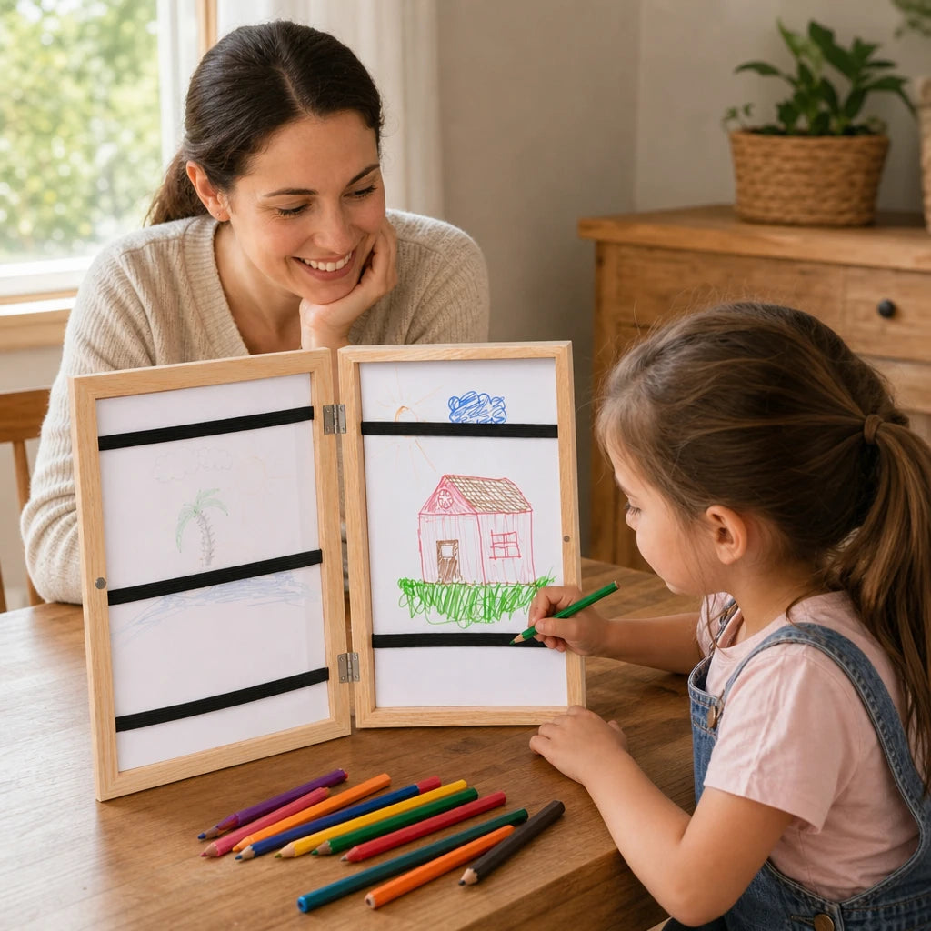 Child playing with the Kids Art Frame Wooden Storage Portfolio