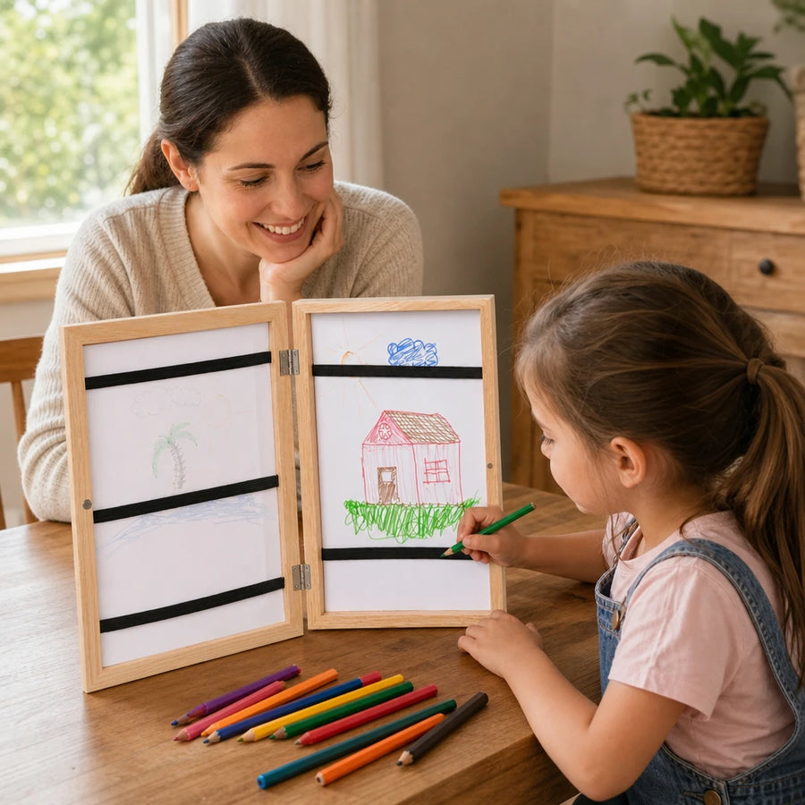 Child playing with the Kids Art Frame Wooden Storage Portfolio
