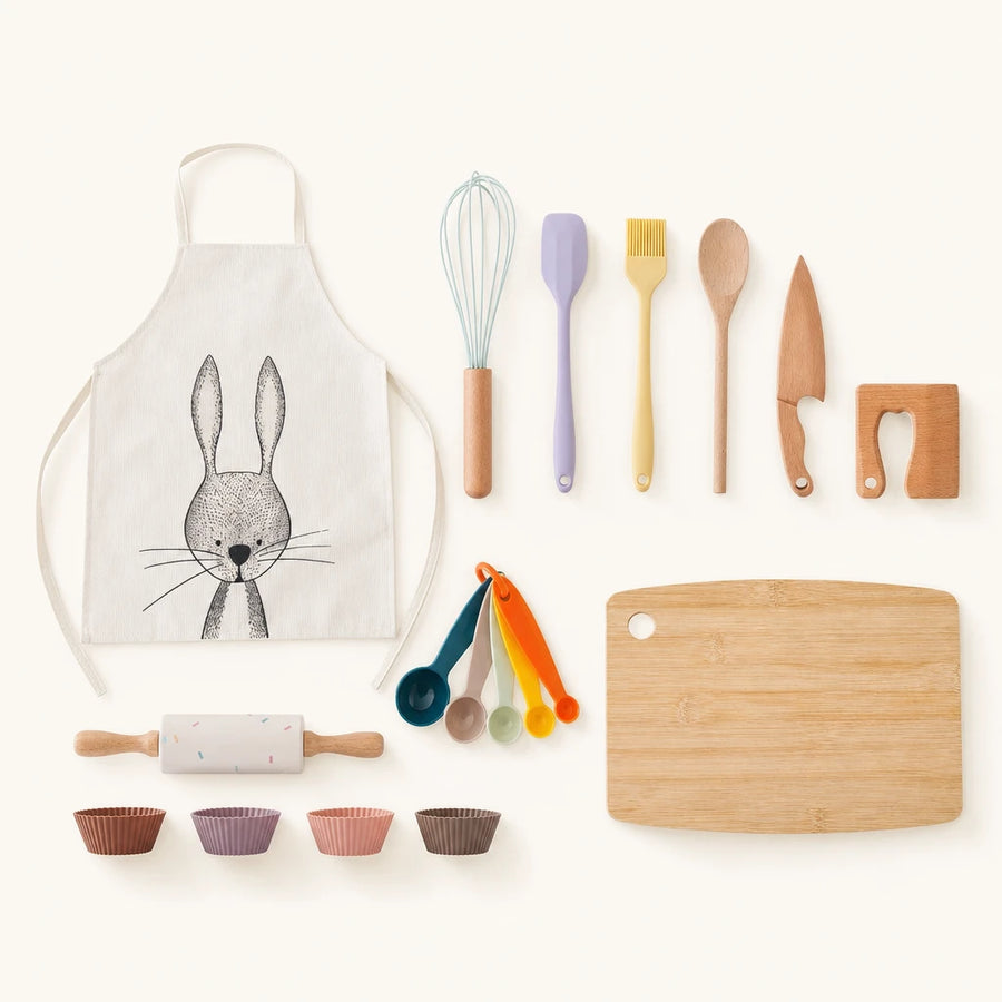 Kids Cooking Set Wooden Kitchen Tools with Apron shown complete on a plain background