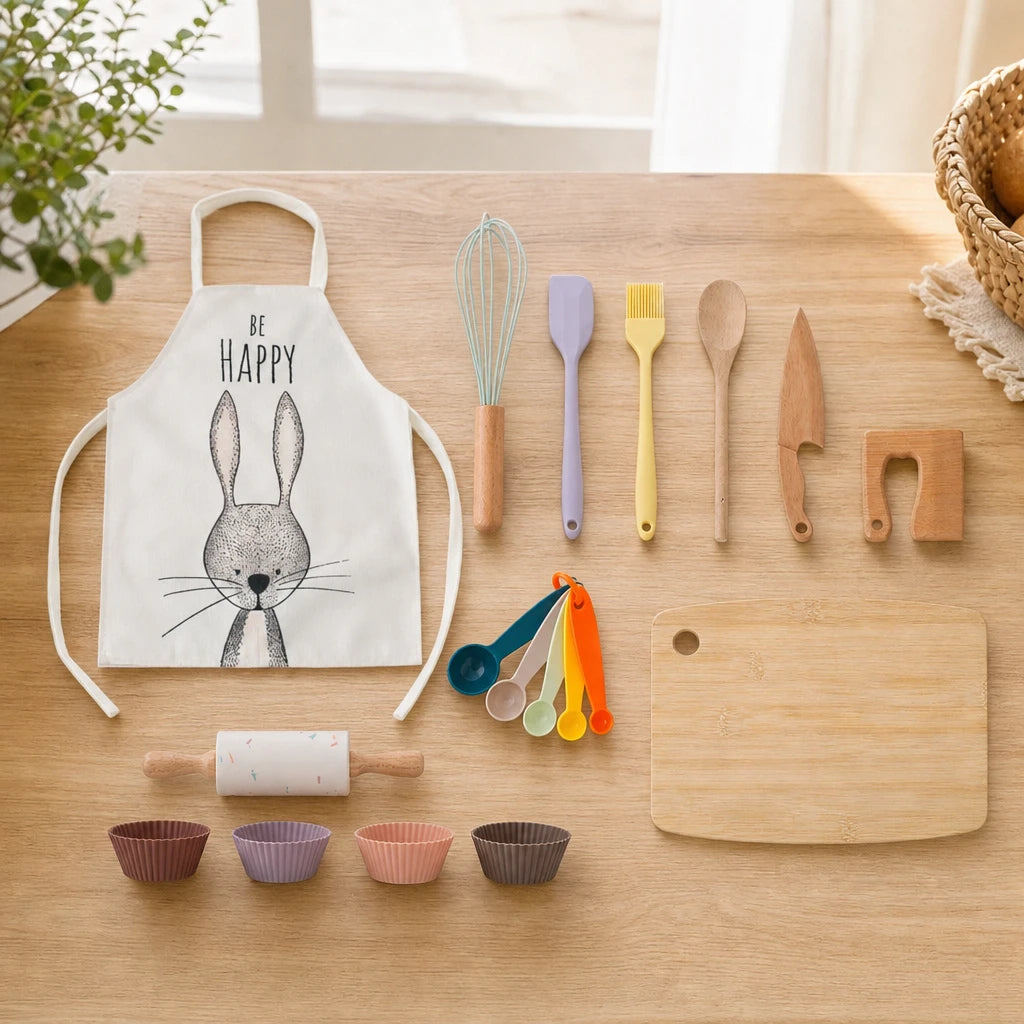 Kids Cooking Set Wooden Kitchen Tools with Apron set out on a real table at home
