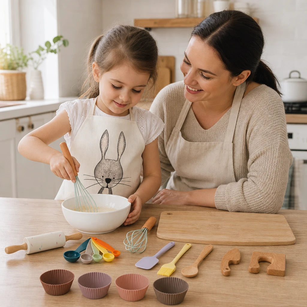 Child playing with the Kids Cooking Set Wooden Kitchen Tools with Apron