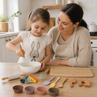 Child playing with the Kids Cooking Set Wooden Kitchen Tools with Apron