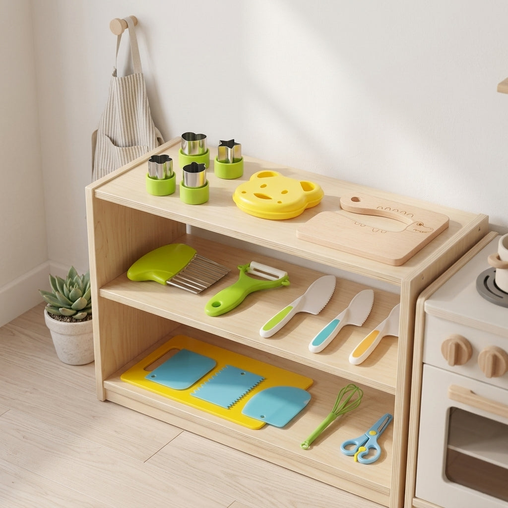 Kids cooking tools arranged on a wooden play kitchen shelf