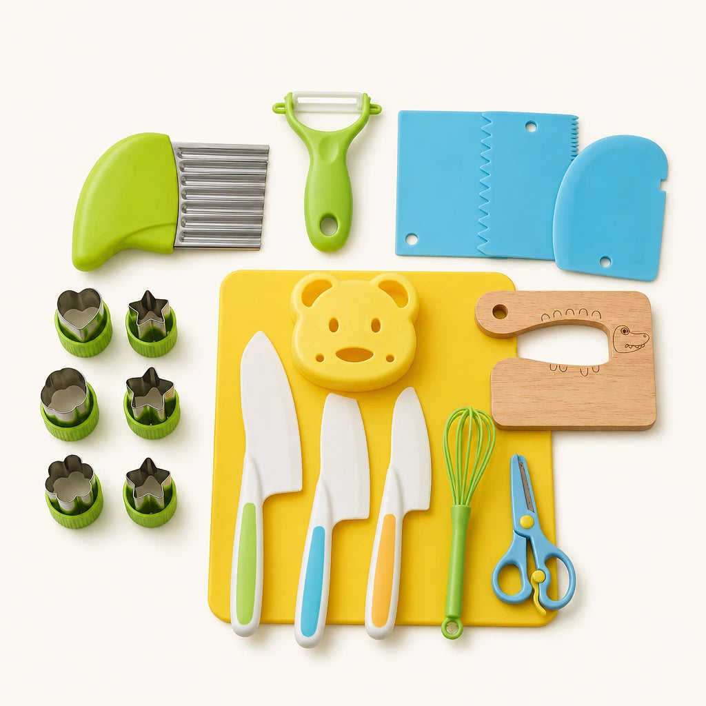 Kids Cooking Tools 17-Piece Safe Knife Set shown complete on a plain background