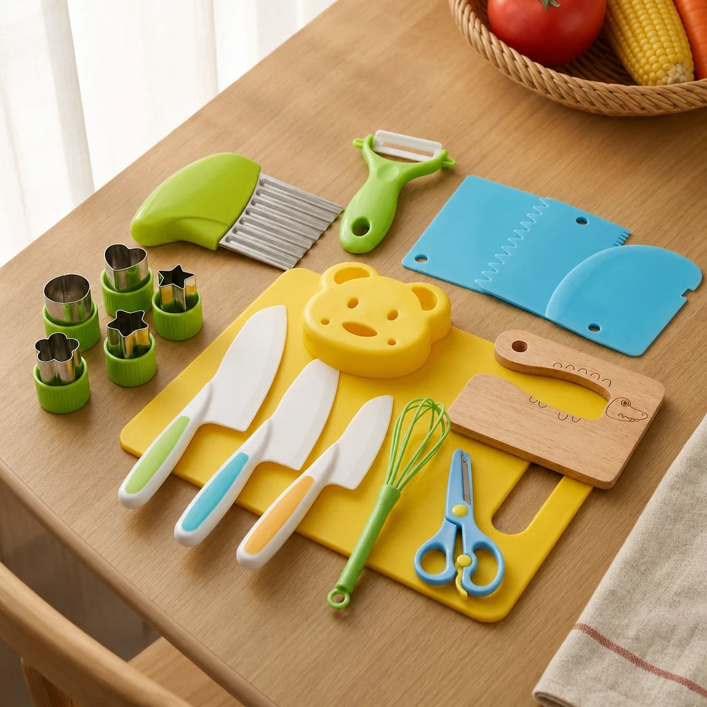 Kids Cooking Tools 17-Piece Safe Knife Set set out on a real table at home