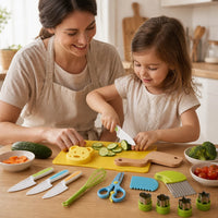 Child playing with the Kids Cooking Tools 17-Piece Safe Knife Set