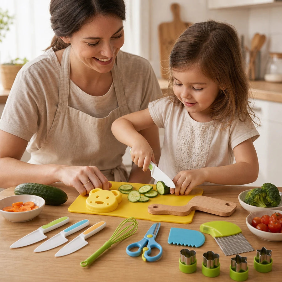 Child playing with the Kids Cooking Tools 17-Piece Safe Knife Set
