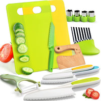 13-piece kids kitchen set with green board, knives, peeler and cutters