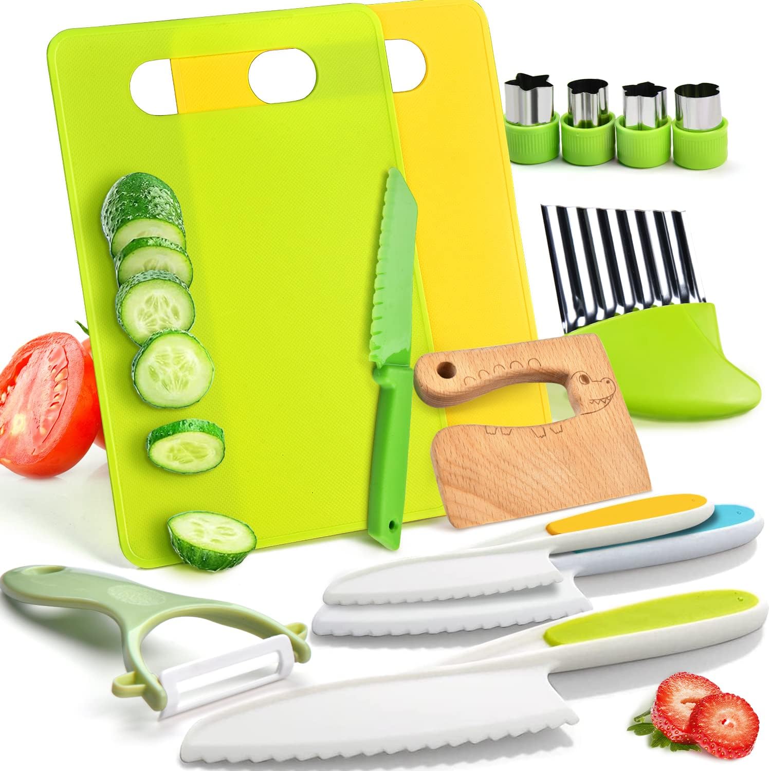 13-piece kids kitchen set with green board, knives, peeler and cutters