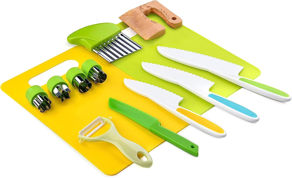 Kids kitchen knife set displayed on a yellow cutting board