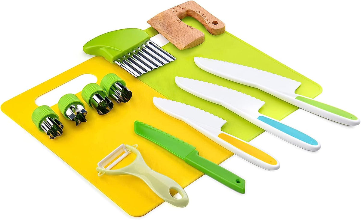 Kids kitchen knife set displayed on a yellow cutting board