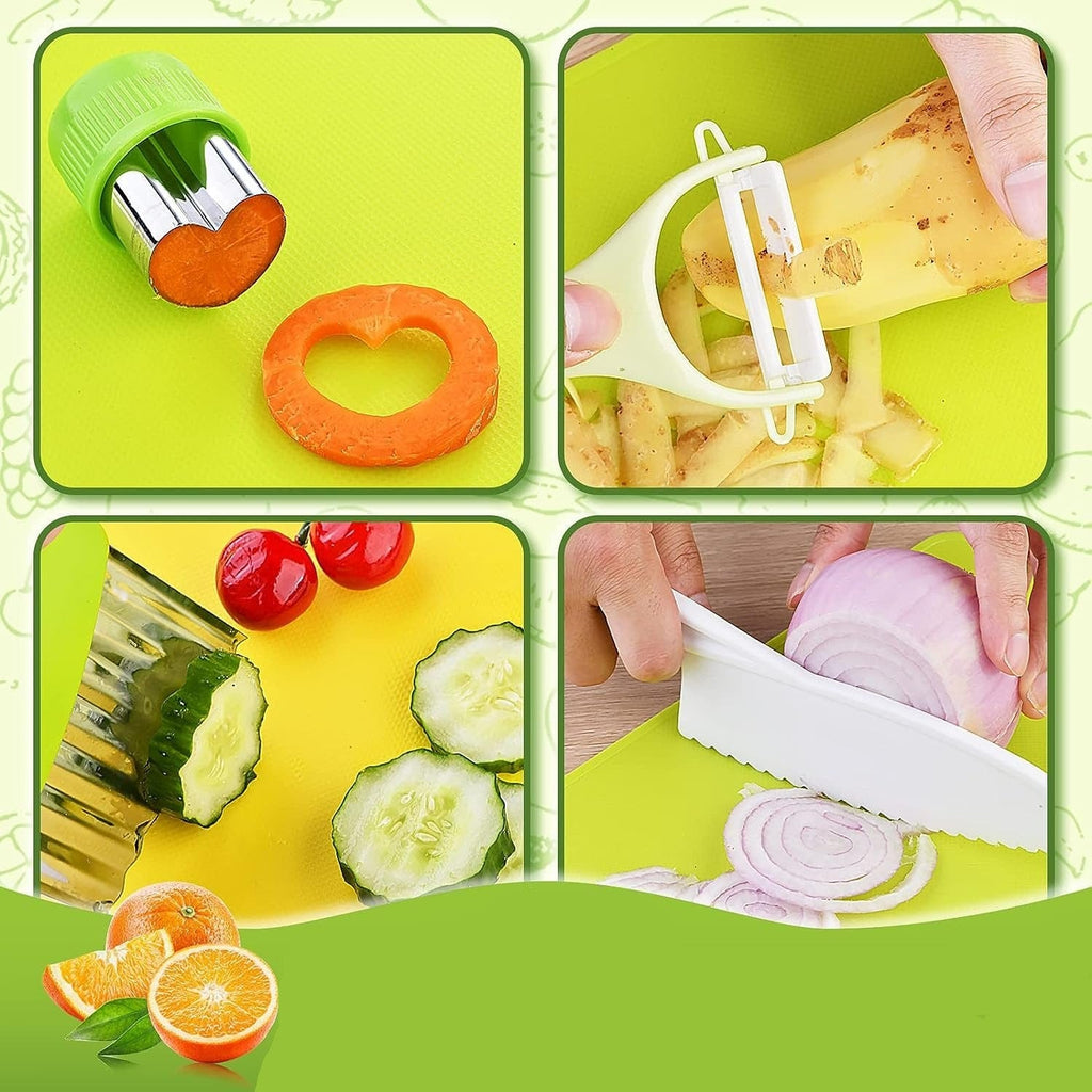 Four close-ups of the kids knife set cutting cucumber, tomato and onion