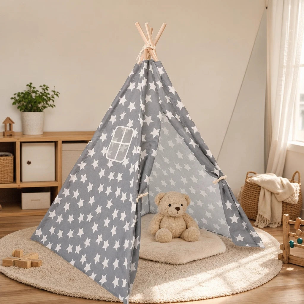 Kids Teepee Tent Star & Cactus Print Indoor Outdoor set out on a real table at home