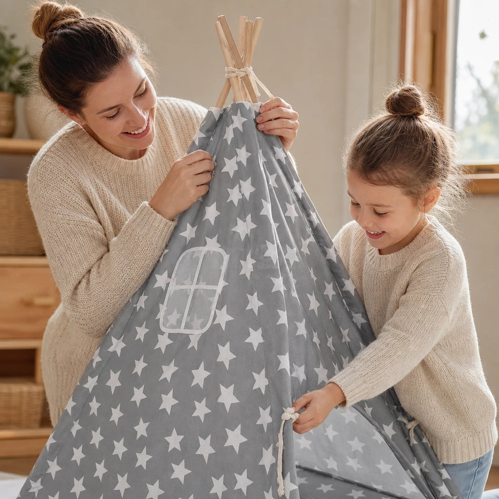 Child playing with the Kids Teepee Tent Star & Cactus Print Indoor Outdoor