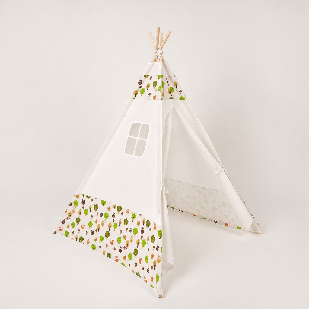 Kids teepee tent set up with cactus print and side window