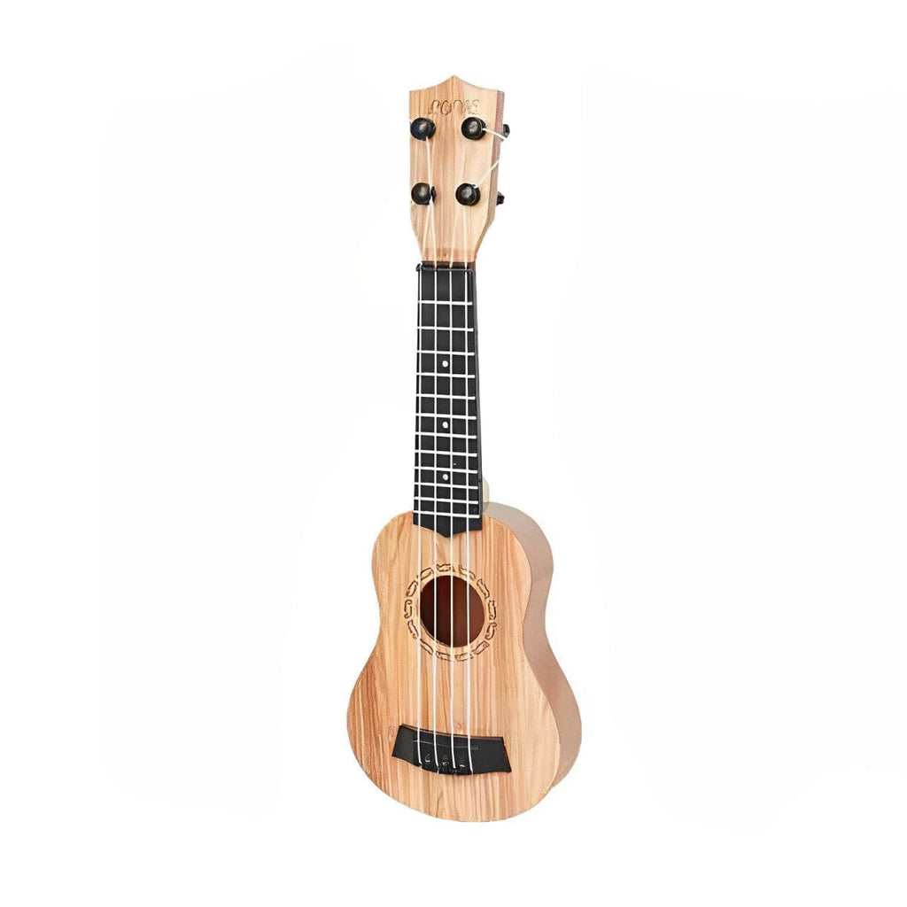 Wooden kids ukulele shown from the front with four nylon strings