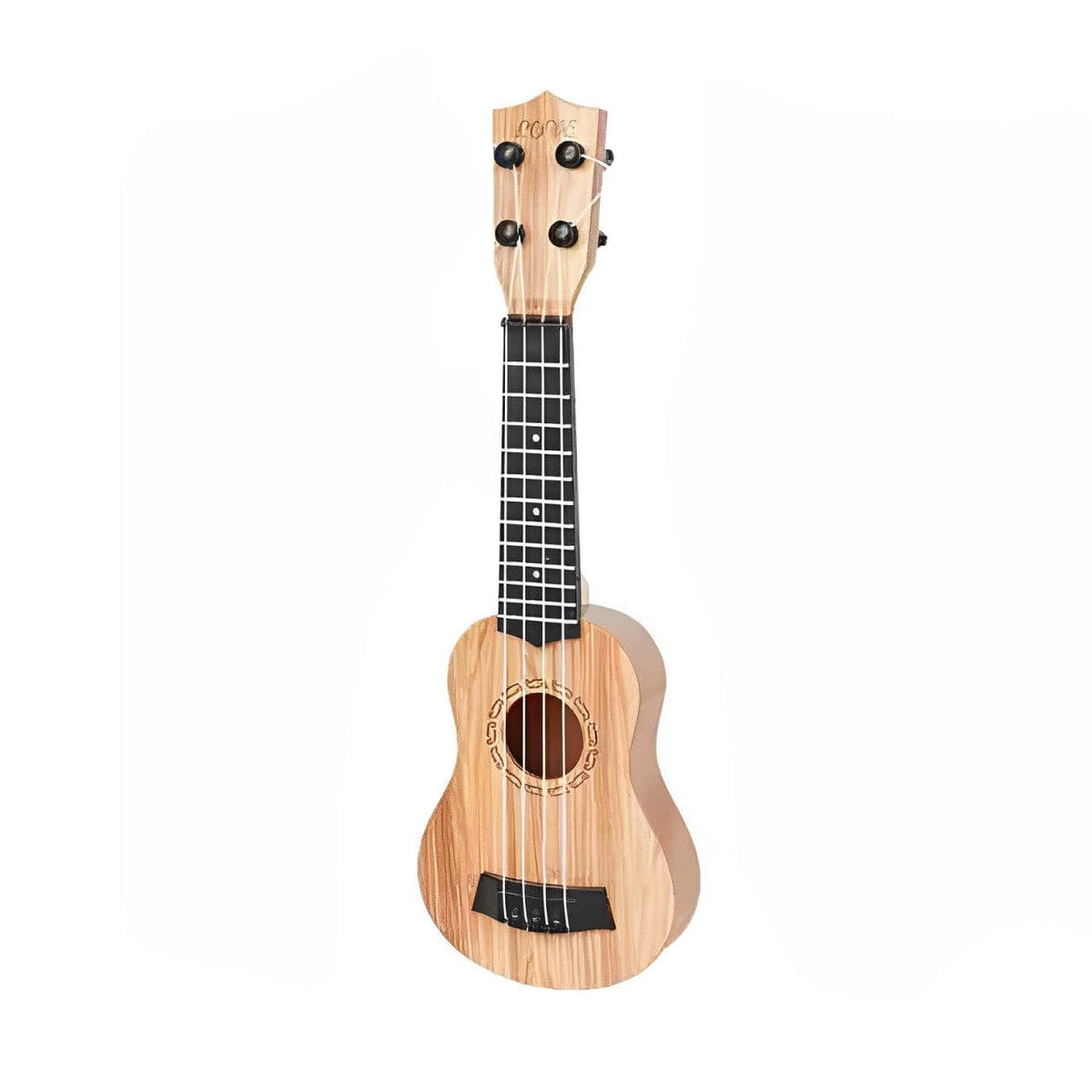 Wooden kids ukulele shown from the front with four nylon strings