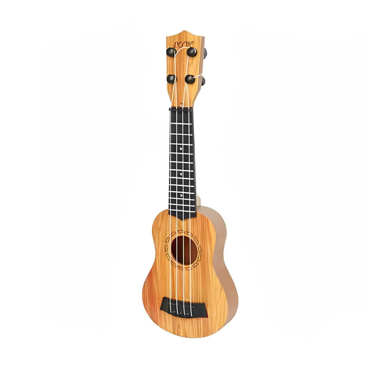 Wooden kids ukulele front view showing the sound hole and bridge