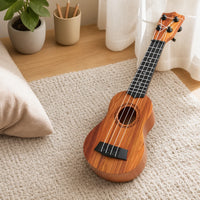 Kids Ukulele Montessori Musical Learning Instrument set out on a real table at home