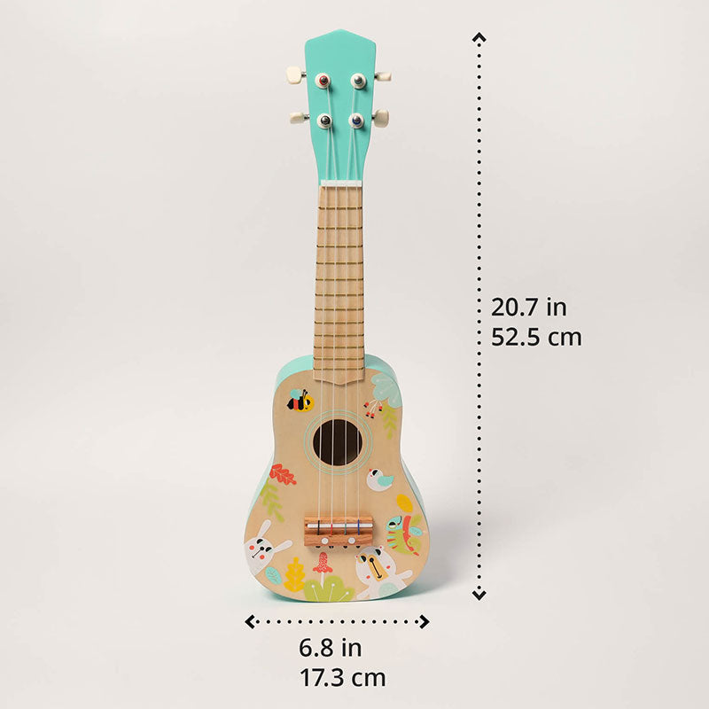 Wooden ukulele seen from the front, shown with dimensions